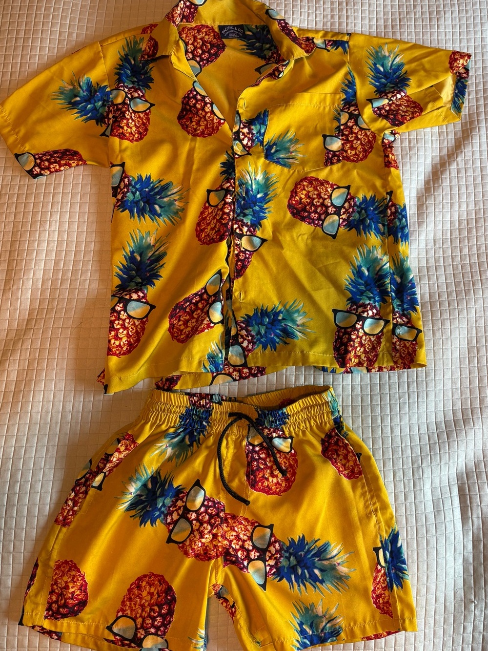 Pacifica Yellow Pineapple Print Kids swim trunks and Button up Set